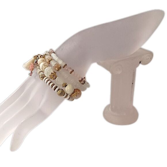 Glass Beaded Stacked Bracelet Rows Beads Floral Neutrals Y2K Boho Fairy Indie - Picture 7 of 16